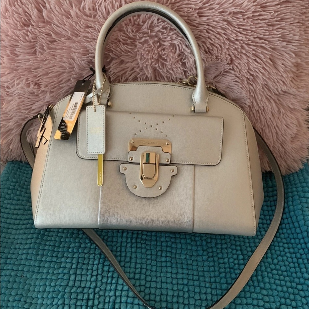 NWT CROMIA $320 ITALY LEATHER Metallic Platinum SATCHEL PURSE BAG